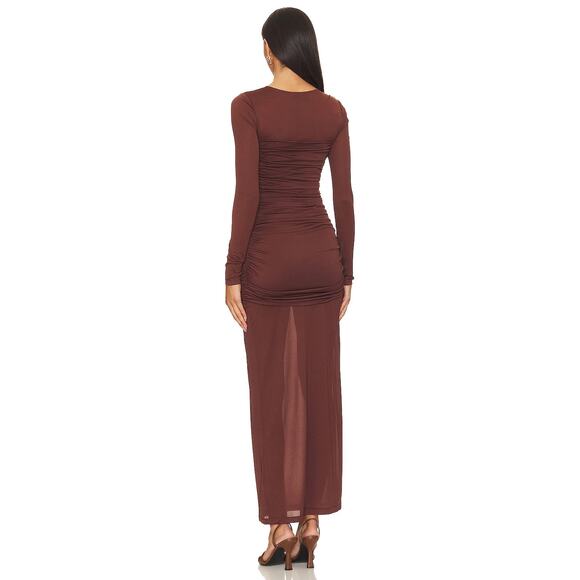 L'Academie Alma Maxi Dress Ruched Long Sleeve Formal Elegant Evening Brown Sz XS - Picture 3 of 12